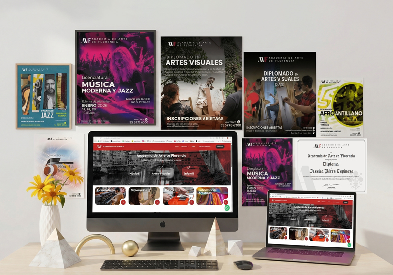 Sistema de identidad Academia de Arte de Florencia — papelería, diploma, póster y web